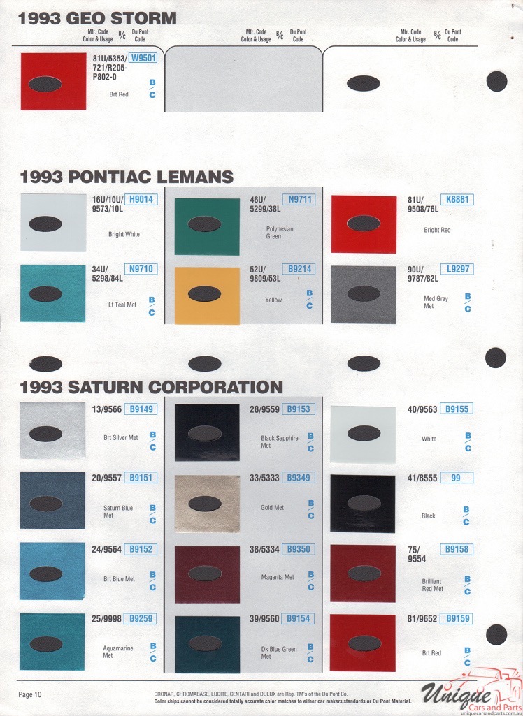 1993 GM GEO Paint Charts DuPont 10